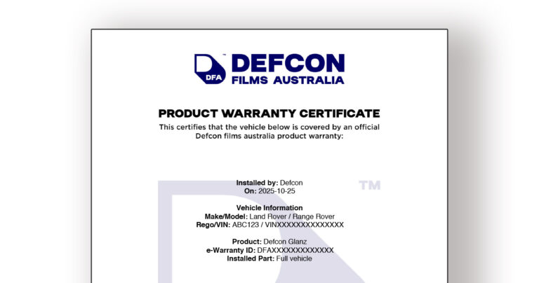 Defcon Films Australia product warranty certificate template showing sample vehicle and warranty details