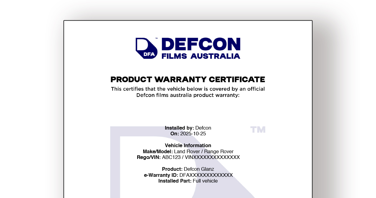 Defcon Films Australia product warranty certificate template showing sample vehicle and warranty details
